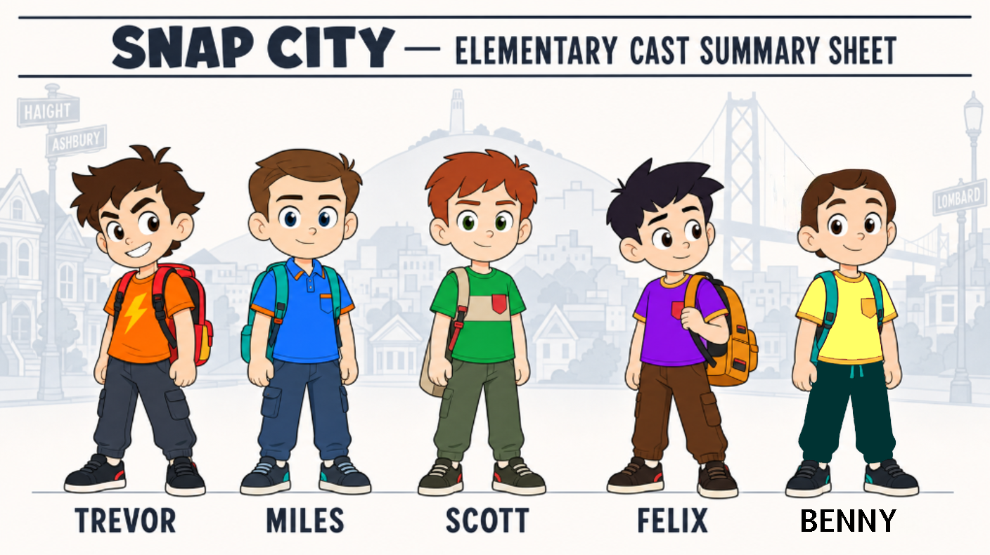 Snap City elementary cast: Trevor, Miles, Scott, Felix, and Benny standing in a line against a San Francisco backdrop.